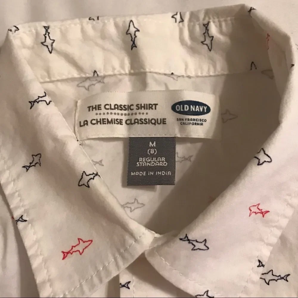 Old Navy Boy’s The Classic Shirt White Sharks All Over Button Down Shirt Sz 8